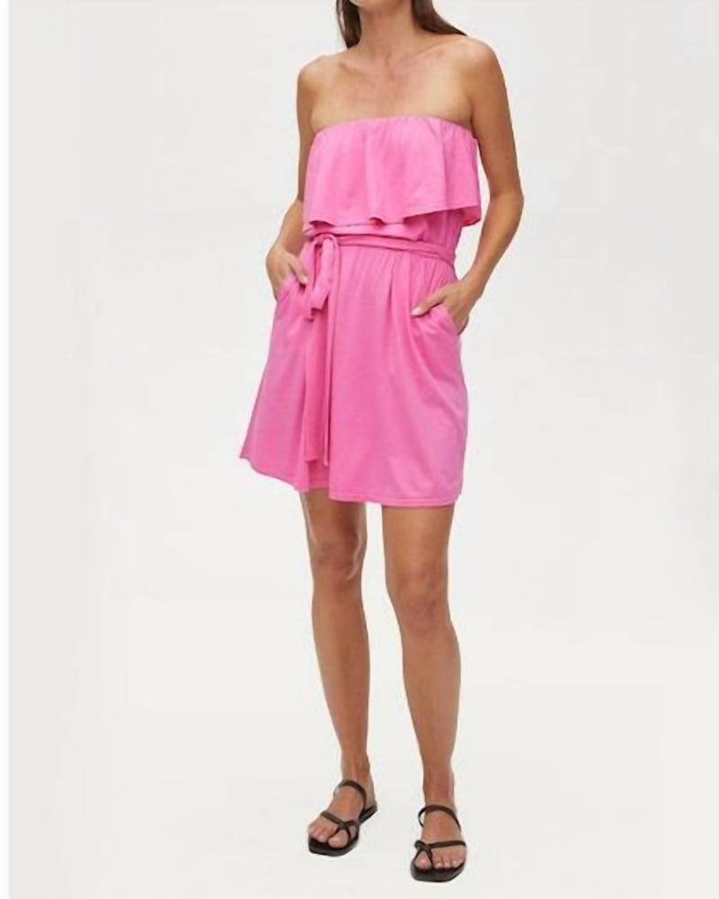 Front of a model wearing a size L Beverly Mini Dress in Azalea in Azalea by Michael Stars. | dia_product_style_image_id:339169